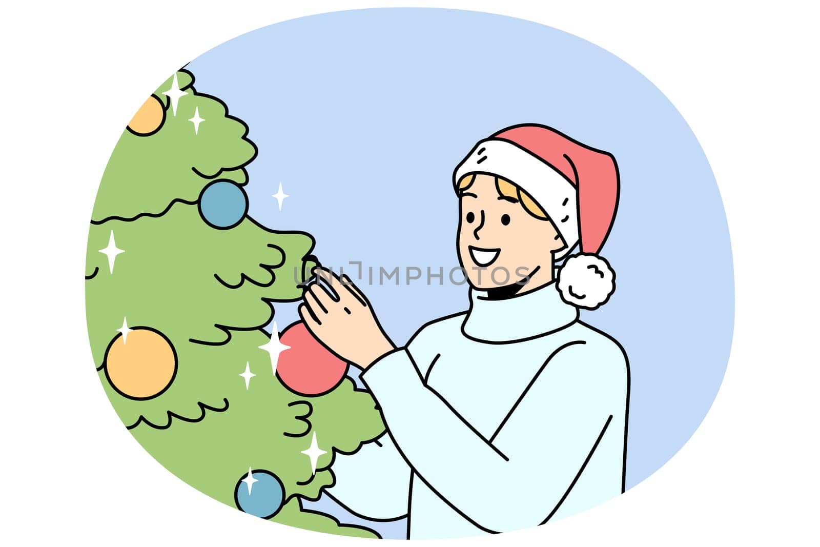 Smiling young man in Santa hat decorate Christmas tree with colorful balls. Happy guy have fun with fir-tree decoration at home celebrate New Year. Vector illustration.