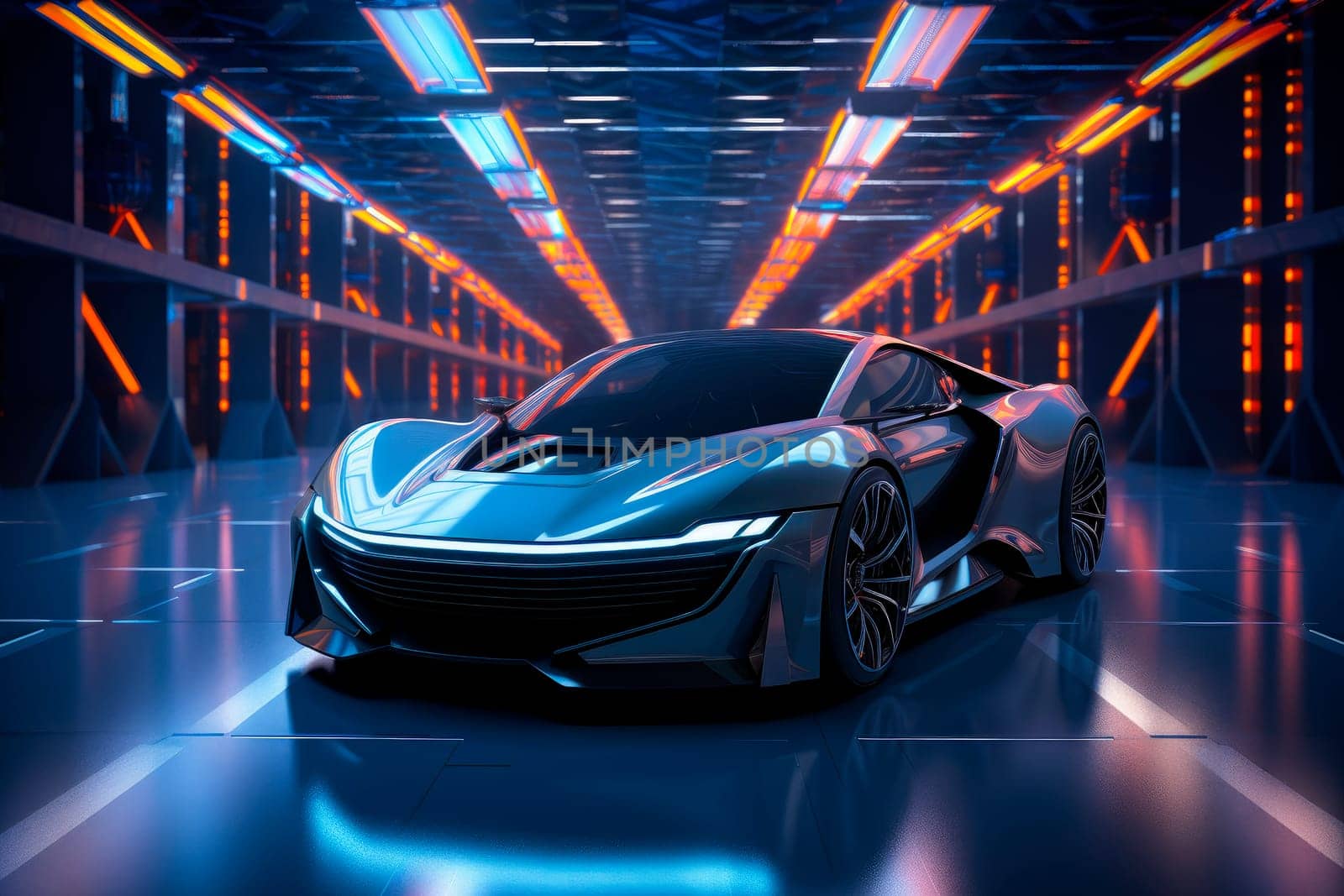 A futuristic sporty electric car with neon vivid lighting. Ai generated