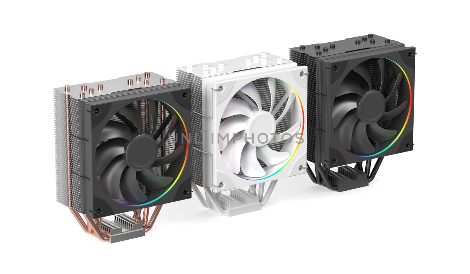 Three different colored cpu coolers on white background