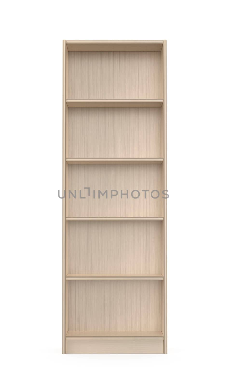 Front view of tall wooden bookcase on a white background