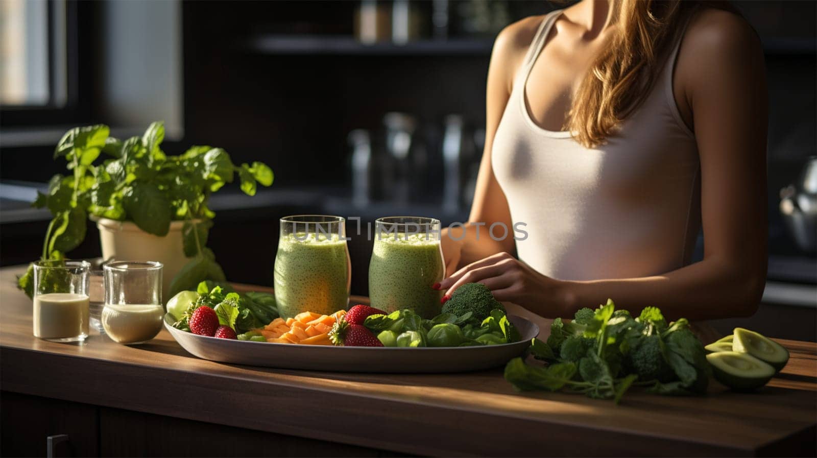 Sporty young woman is preparing healthy food on light kitchen. Green healthy food concept. Generative AI
