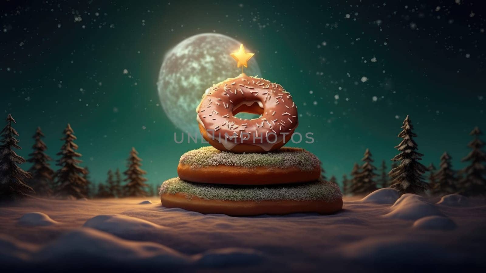 Christmas background.giant donuts with frosting in the winter forest. sweet world on christmas eve