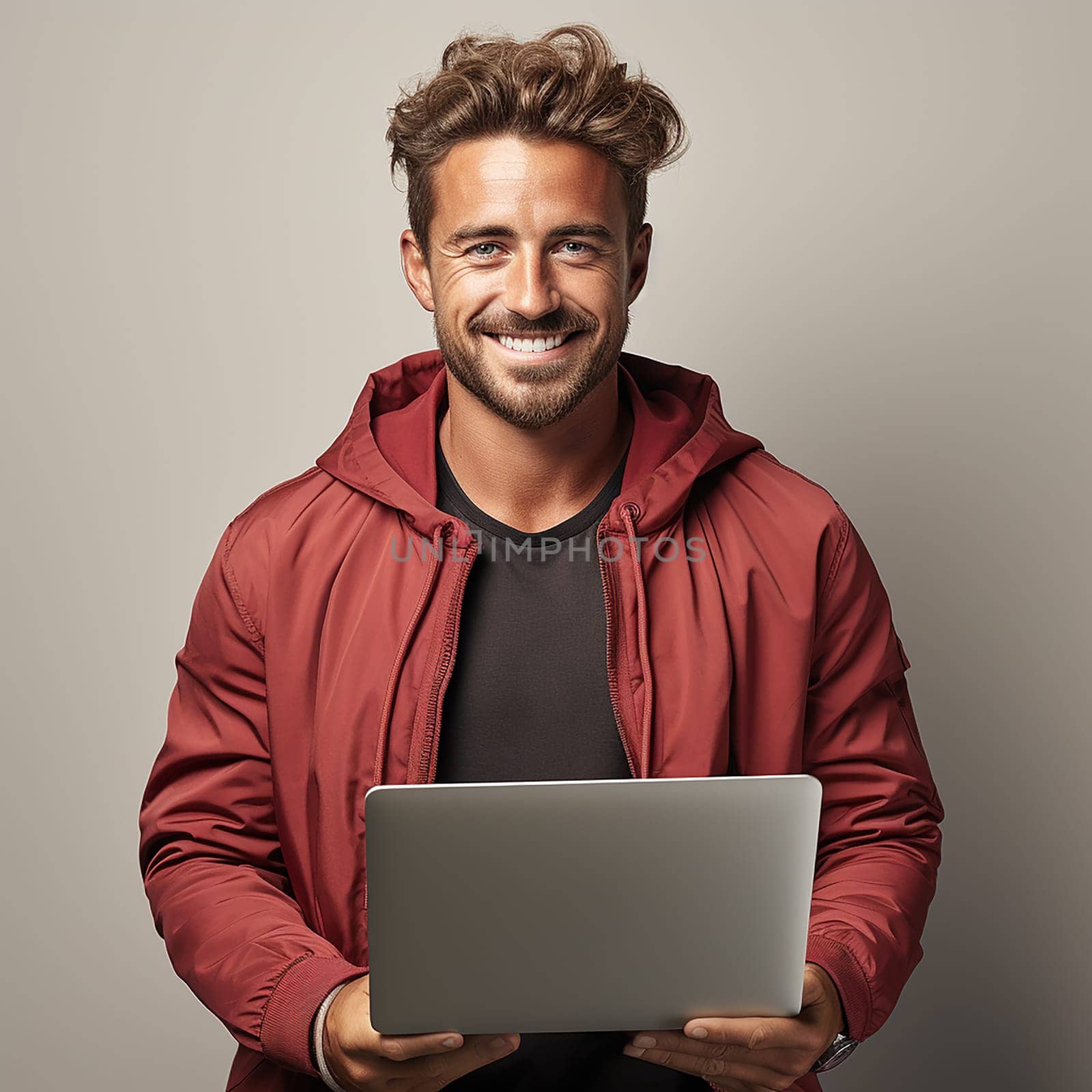 portrait of a young successful man in red clothes with a laptop .Generative AI
