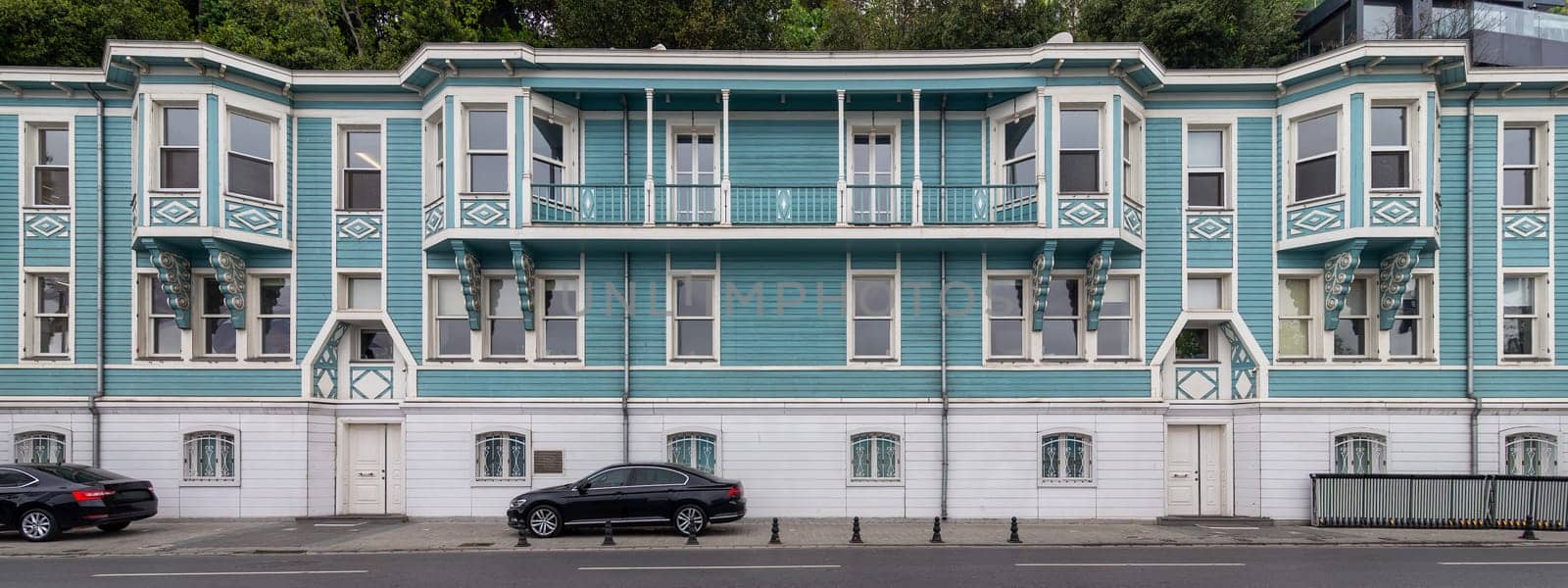 T.C. Cumhurbaskanligi Yatirim Ofisi, or Turkish Presidency Investment Office, a Neoclassical style blue and white wooden building located in Muallim Naci Street, Ortakoy, Besiktas, Istanbul, Turkey
