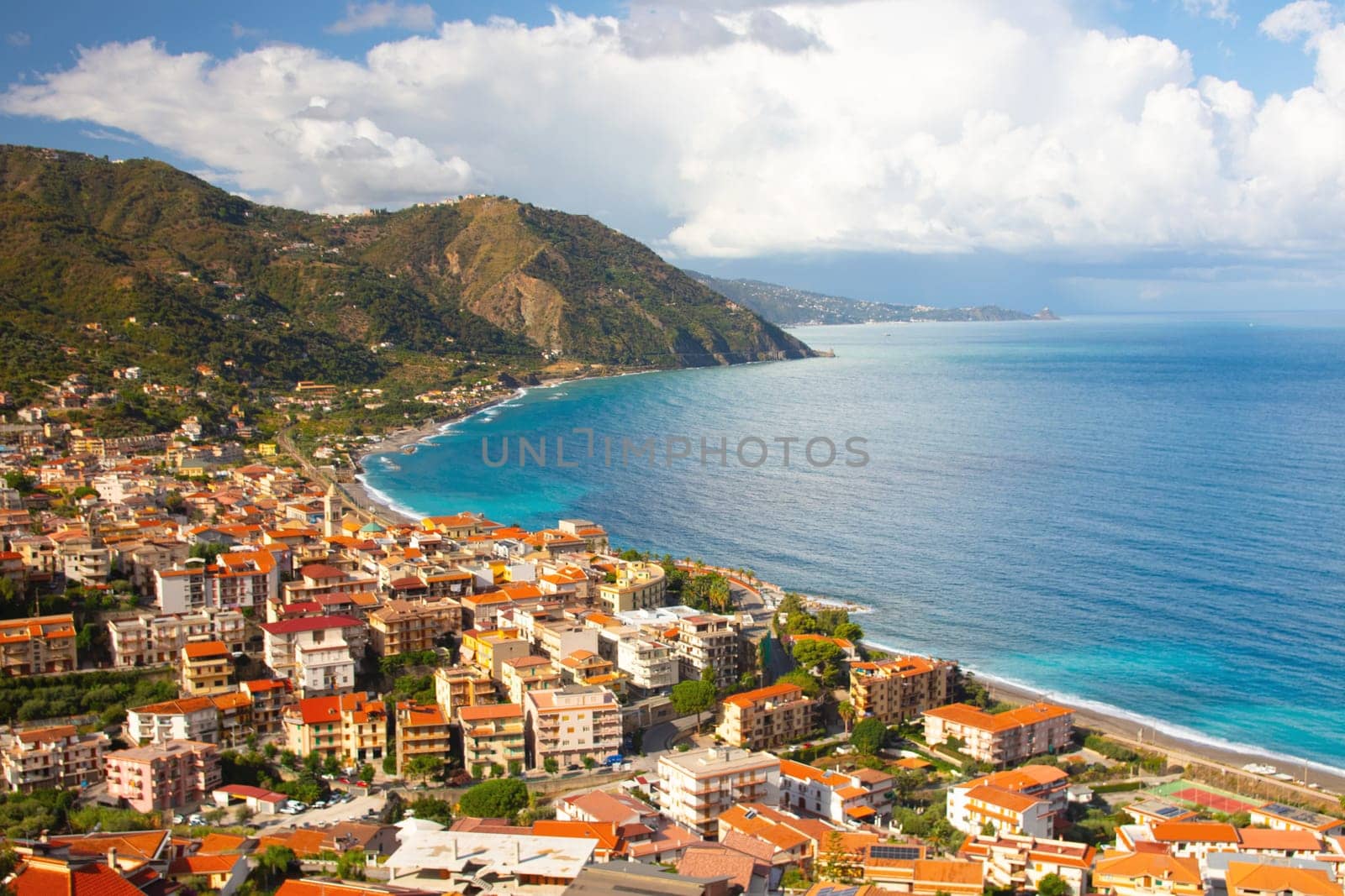 Gioiosa Marea, Sicily, Italy – 25 Sep 2023. Panoramic view of the town and the bay of Gioiosa Marea in the province of Messina.