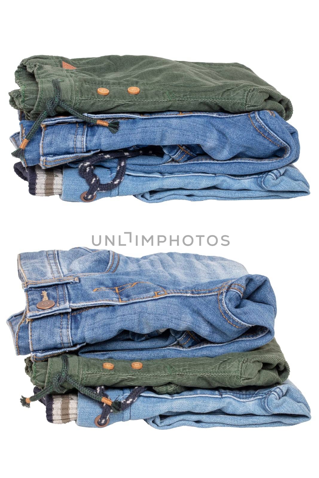 Stack of jeans clothes. Collage set of two stacks of jeans for kids isolated on a white background. Denim fashion for children. Macro.