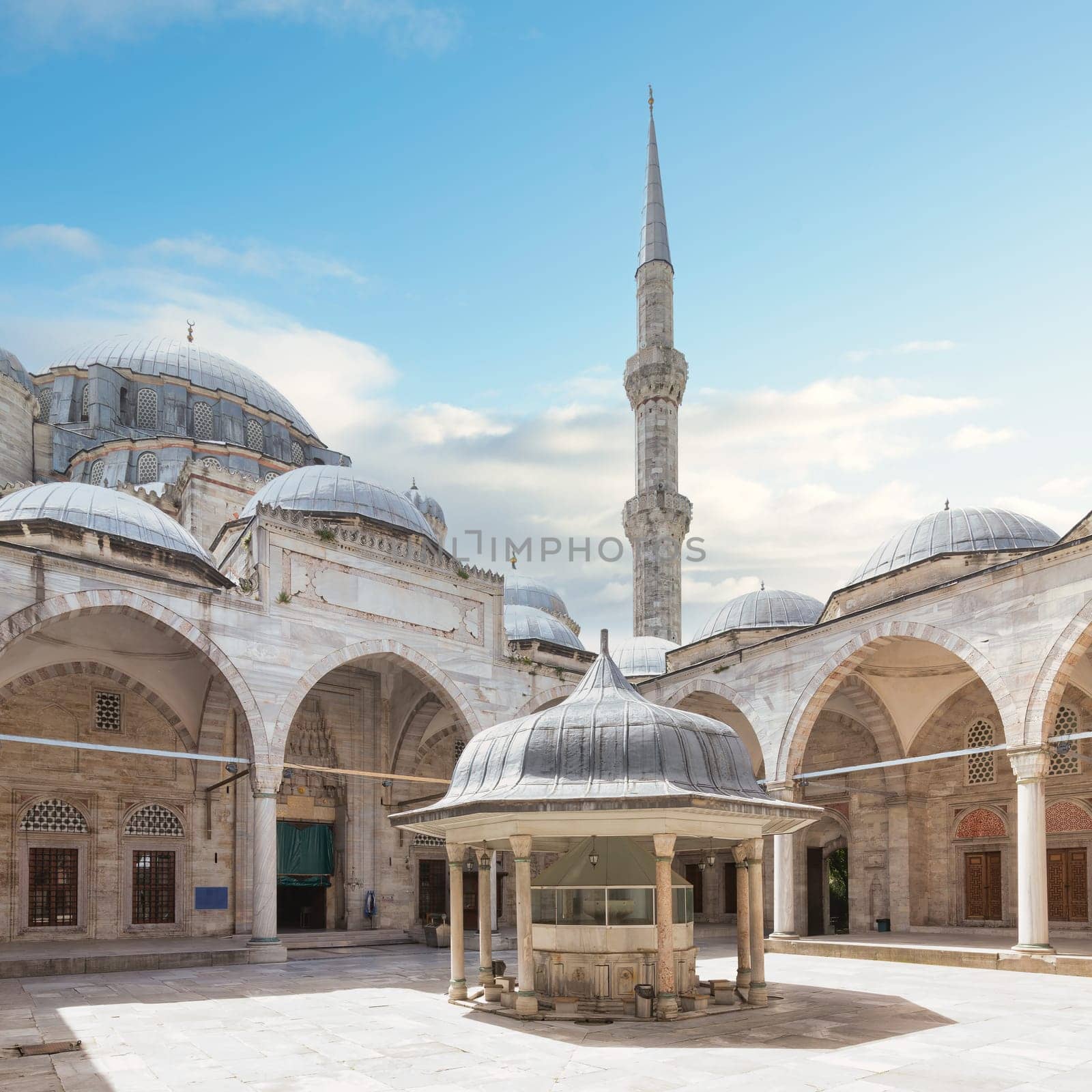 Courtyard of Sehzade Mosque, or Sehzade Camii, a 16th century Ottoman imperial mosque commissioned by Suleiman the Magnificent, located in the district of Fatih, on the third hill of Istanbul, Turkey