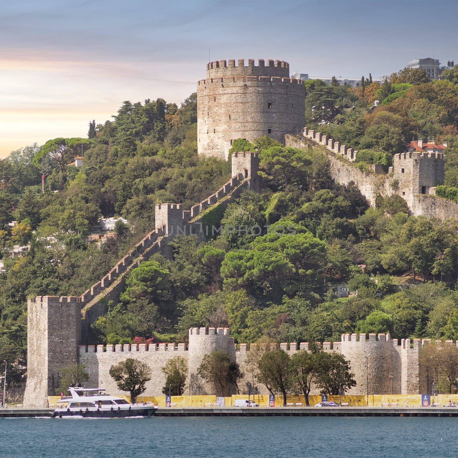 View of ruins of Rumelihisari, Bogazkesen Castle, or Rumelian Castle, after dawn, located at the hills of the European side of Bosphorus Strait, Istanbul, Turkey, built by Ottoman Sultan Mehmet II