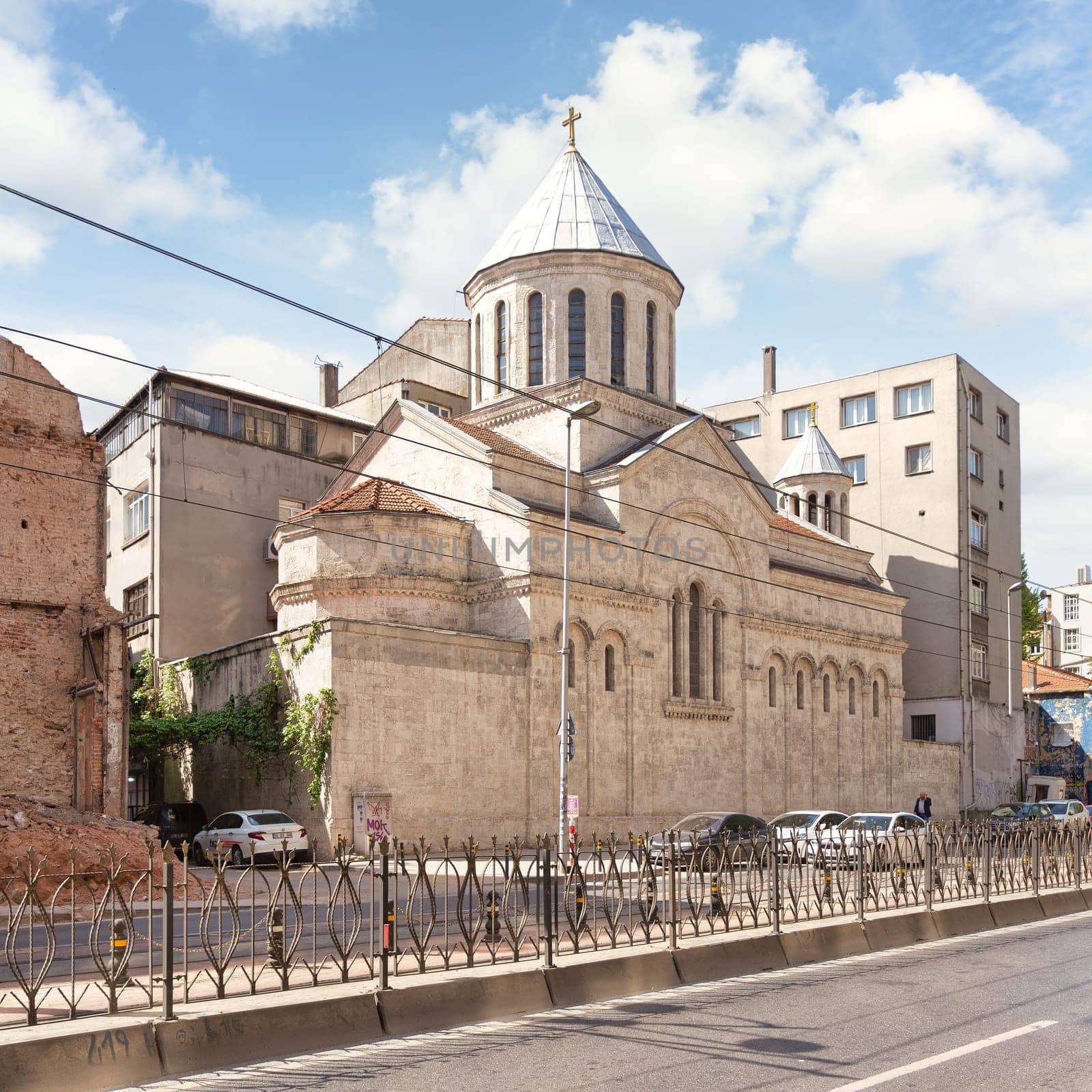 Istanbul, Turkey - May 13, 2023: St. Gregory Lusavorich Orthodox Armenian Church, the oldest extant Armenian Apostolic church in Karakoy district, built in late 14th century, in the Genoan period