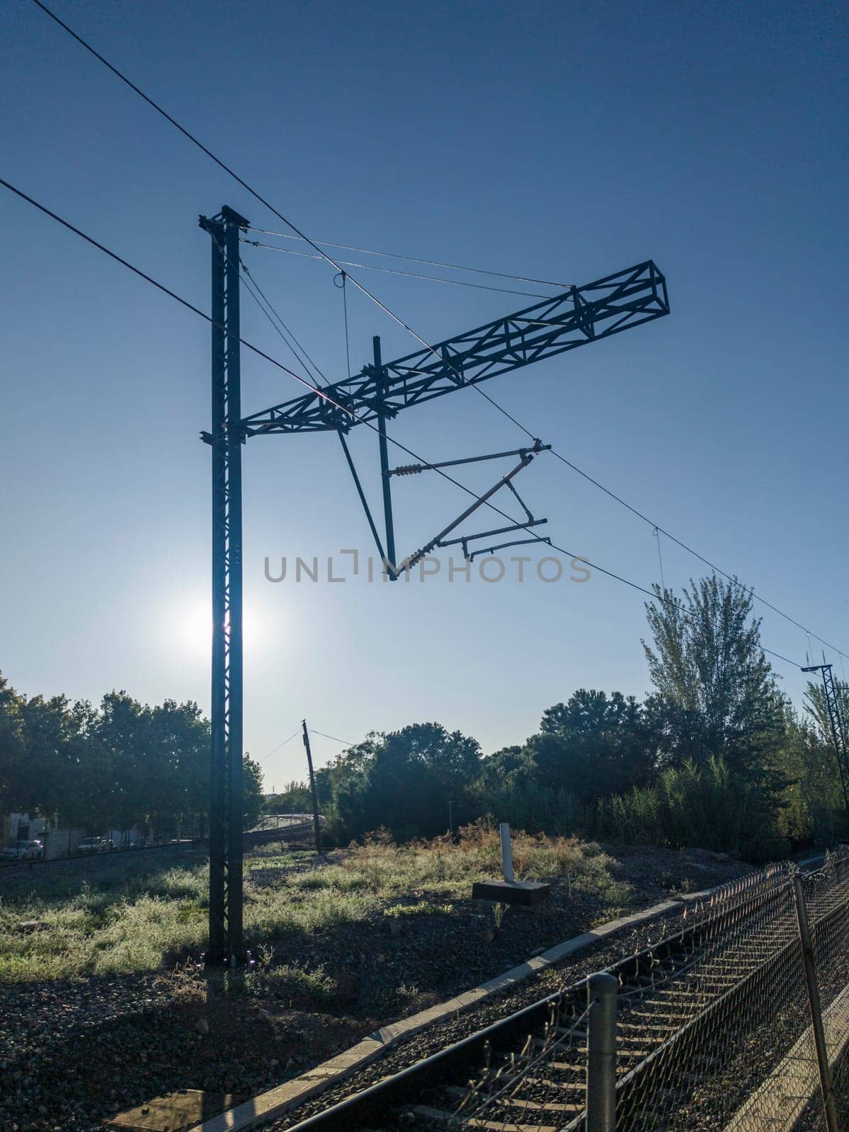 Overhead line of the high-speed train passing through Merida, Spain
