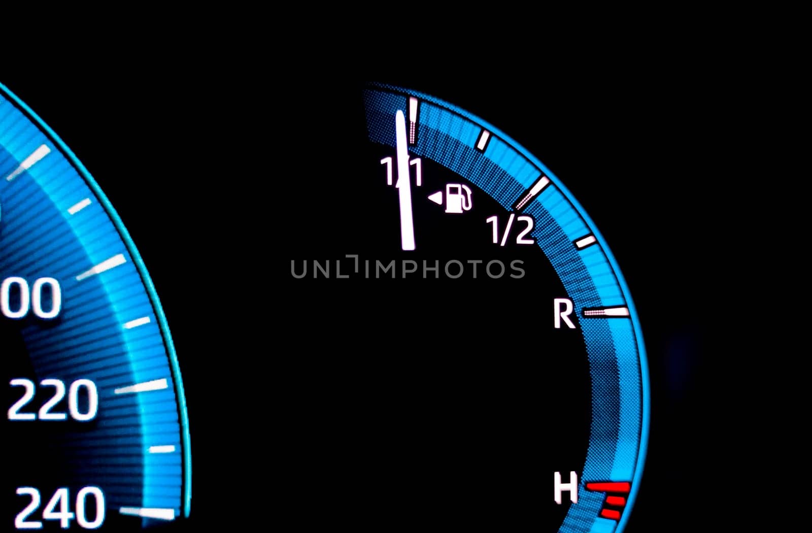 Car fuel gauge indicating full tank. Digital car dashboard indicators