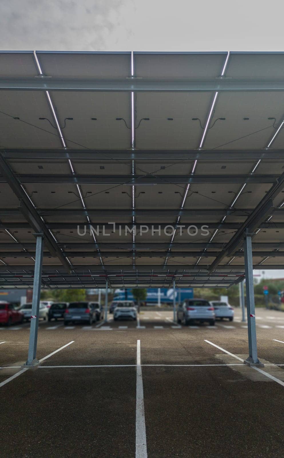 Solar canopy installation over parking. Wide angle lens view