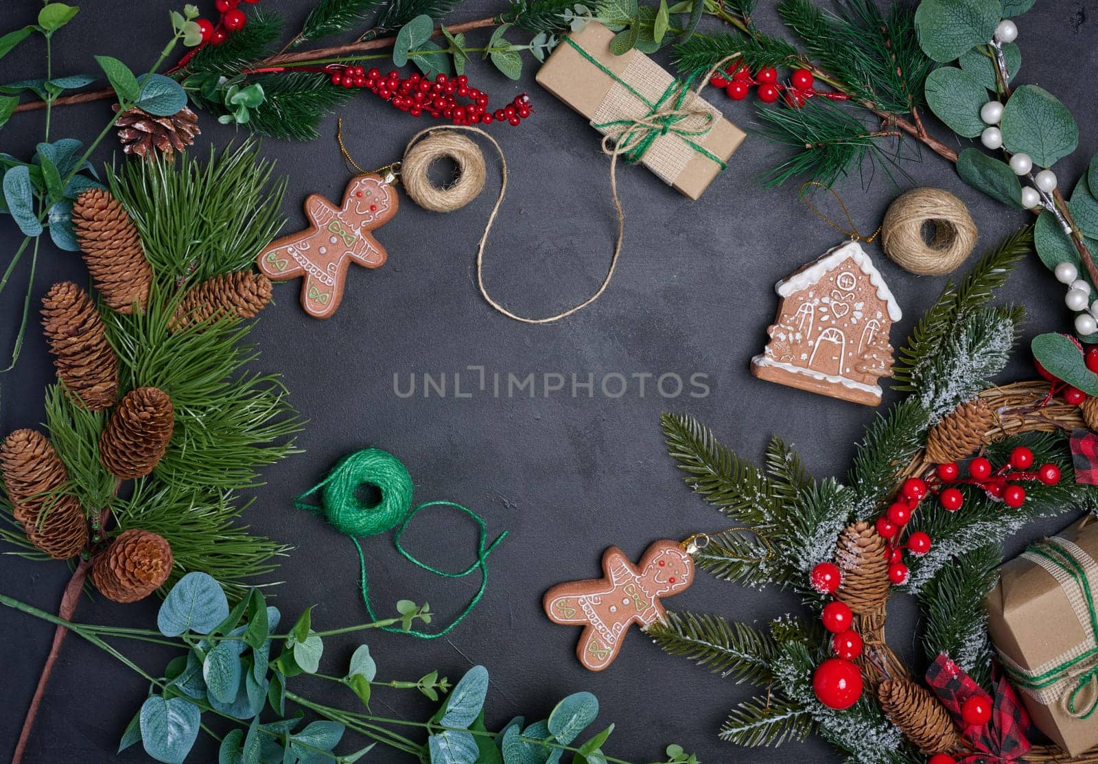 Christmas decor, gift red boxes on a black background, top view. Place for inscription