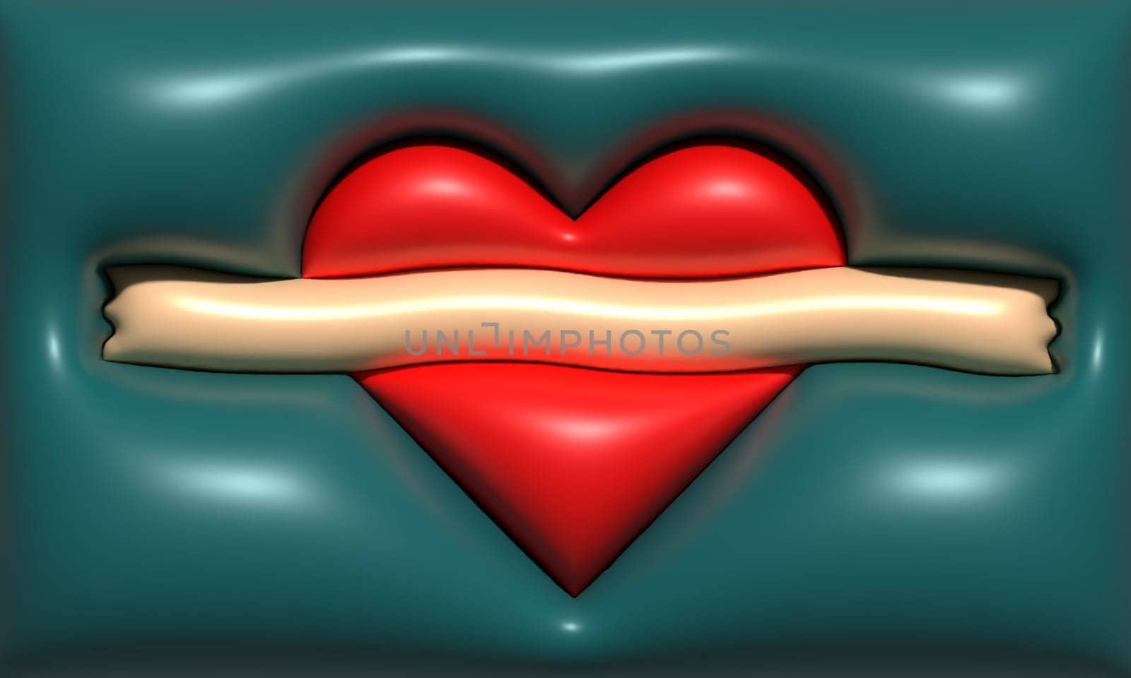 Red heart glued with a beige stripe on a green background, 3D rendering illustration