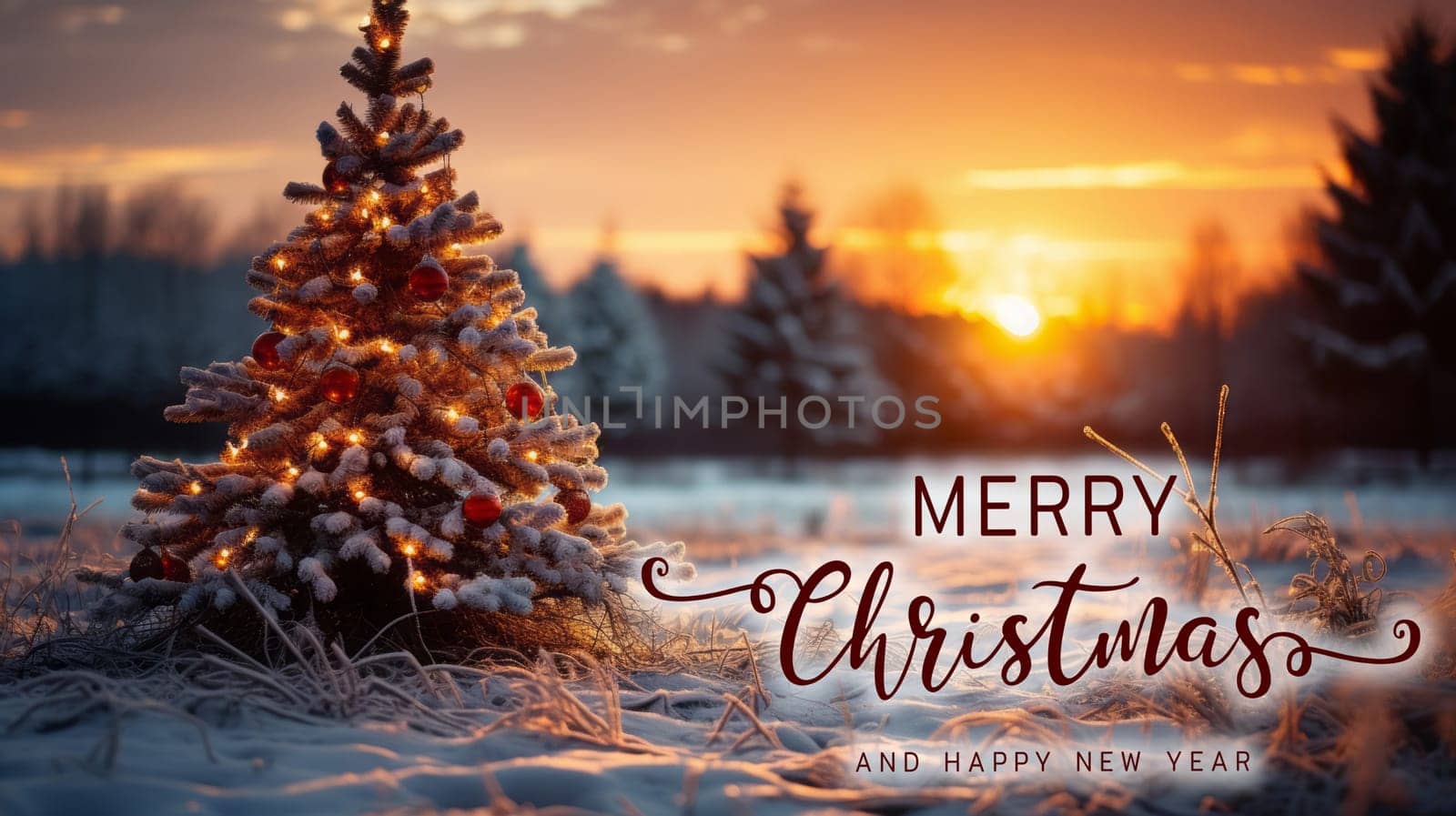 Beautiful view of outdoor Christmas decoration with snow and Pine or Christmas trees
