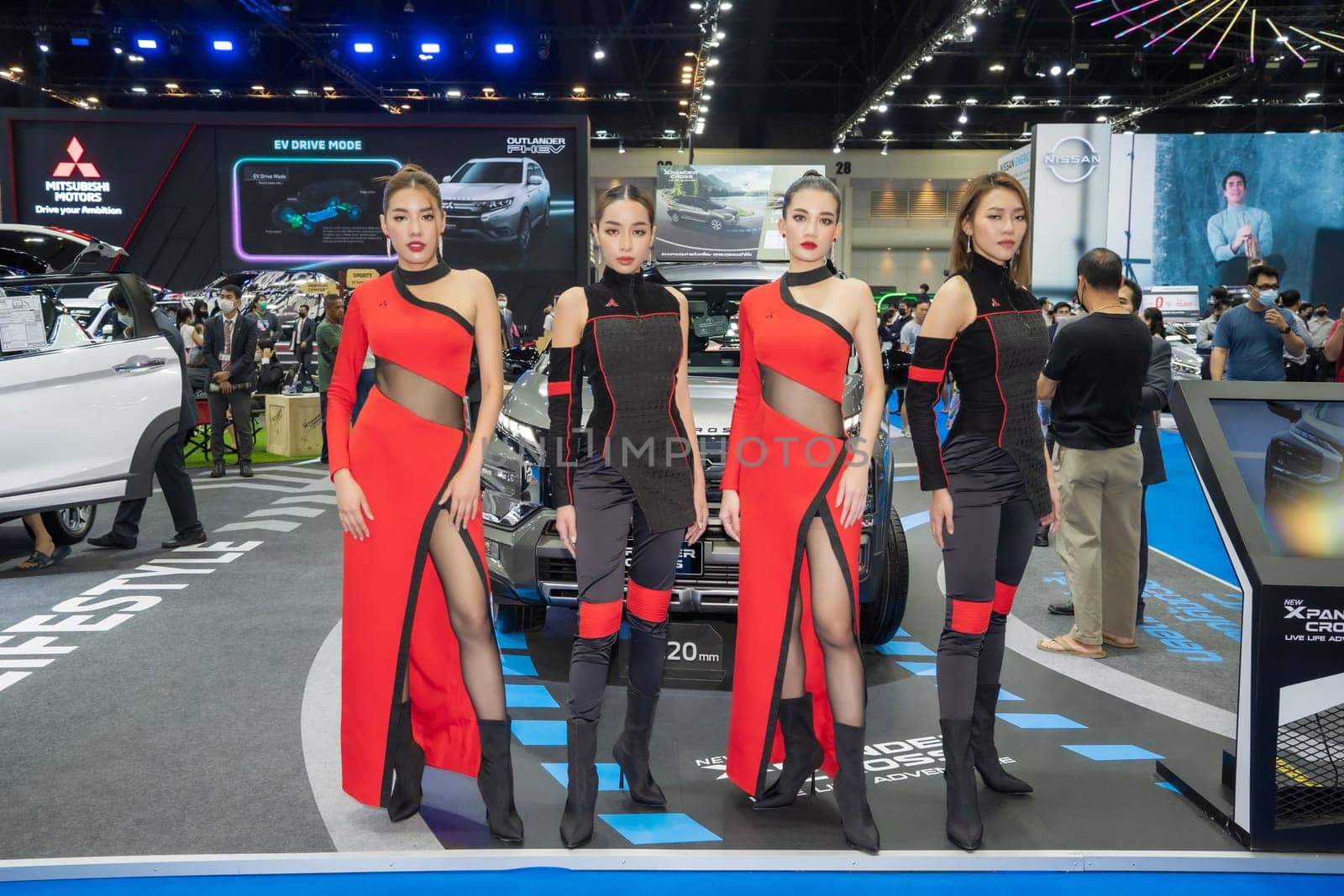 Nonthaburi, Thailand - APR 2, 2023 Unidentified model poses with a car at The 44th Bangkok international motor show 2023 at IMPACT Arena, Muang Thong Thani, Nonthaburi, Thailand.
