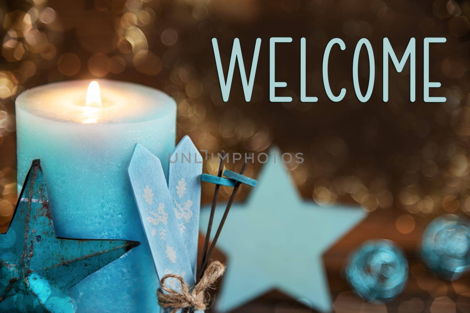 Text Welcome, Candle Closeup With Festive Christmas Decoration, Winter Background, Turquoise, Heart And Star