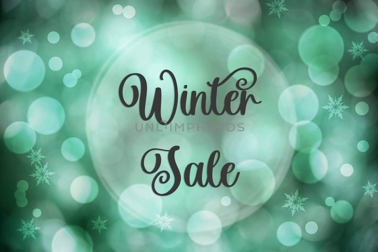 Shiny Blurry Turquoise Christmas Background With Bokeh And Text Winter Sale