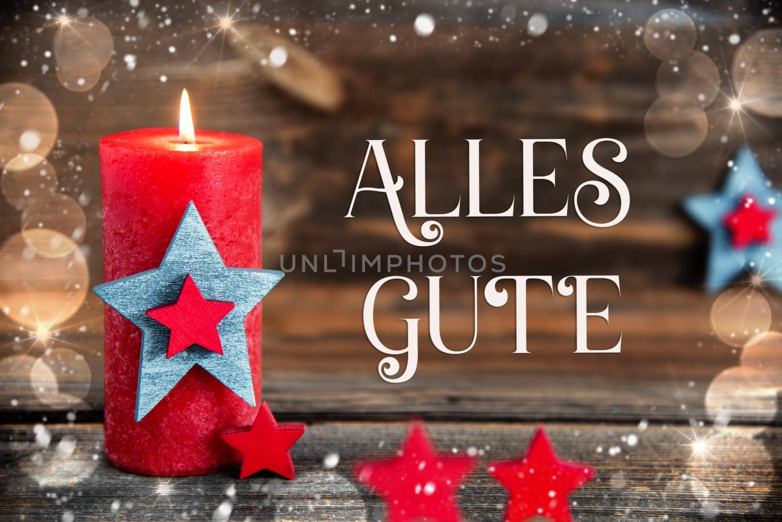 German Text Alles Gute, Means Best Wishes In English , On A Wooden Background, With Red Candle, Festive Winter Decor, Christmas, Snow