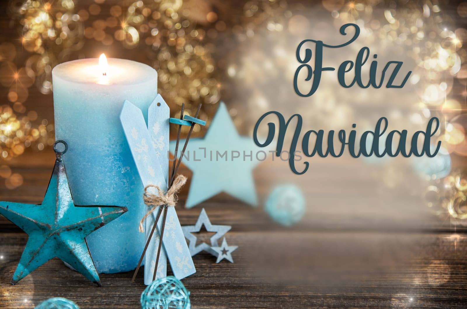 Spanish Text Feliz Navidad, Means Merry Christmas In English, With Candle, Turquoise, Warm, Festive Christmas Decoration, Winter Background