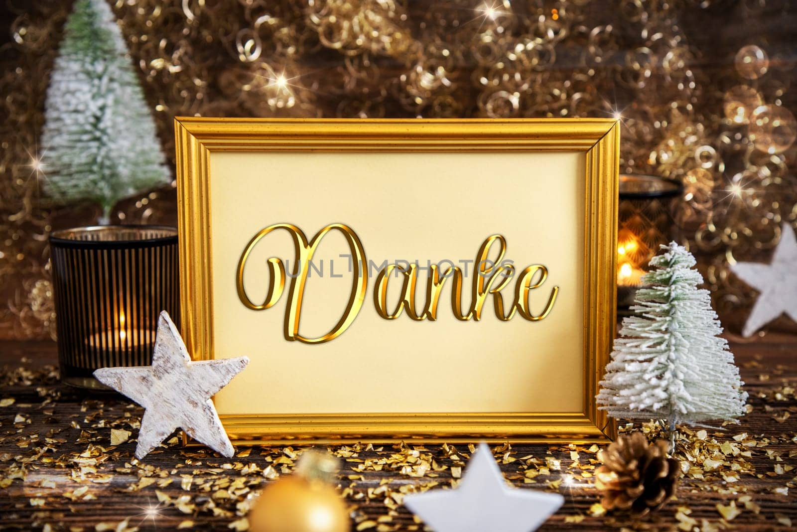 Golden Frame With German Text Danke, Means Thanks In English, Golden And Glittering Christmas Decoration, Winter Background
