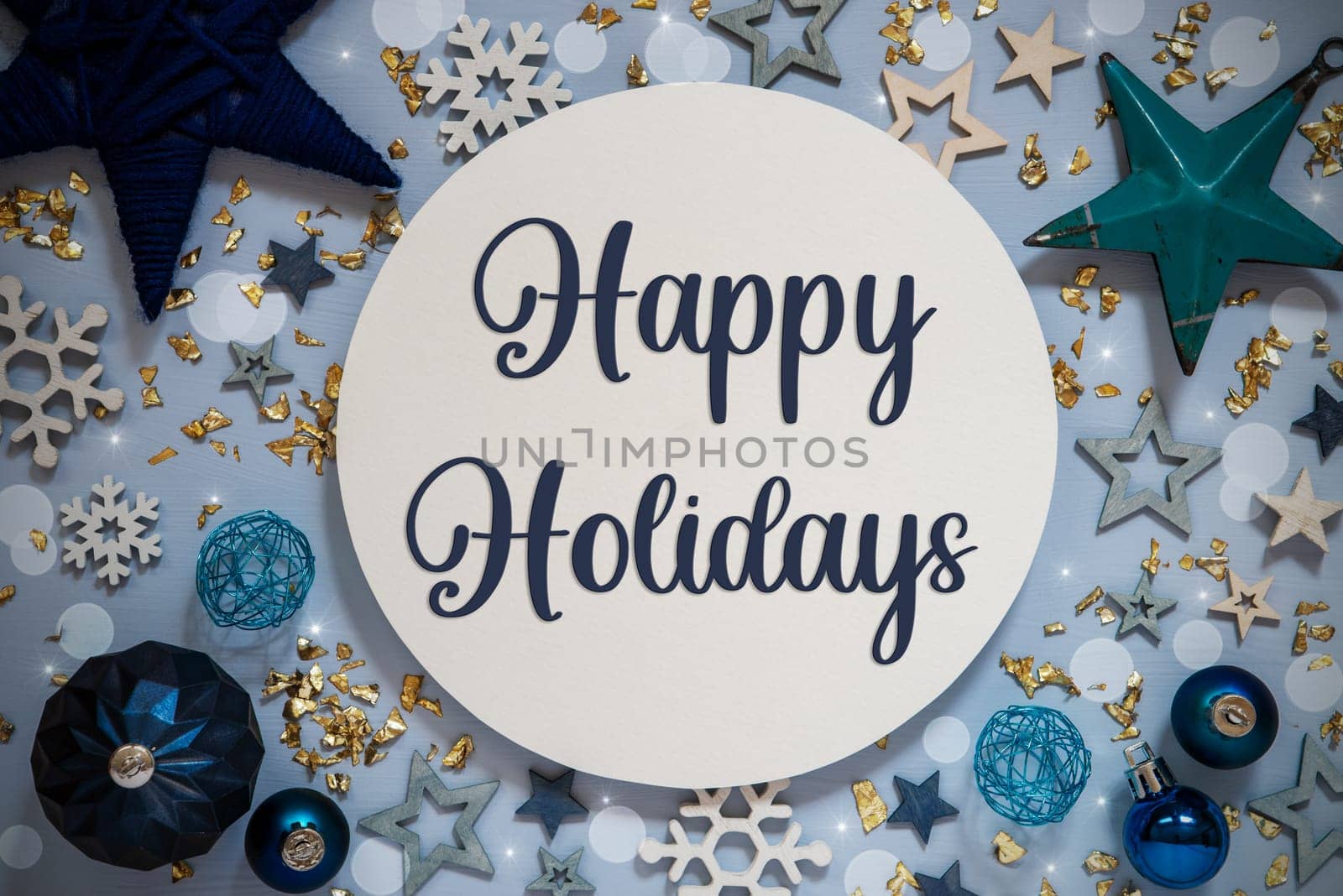 Text Happy Holidays, Blue Flatlay, Christmas Decor, Winter Background, Stars, Wooden Flatlay