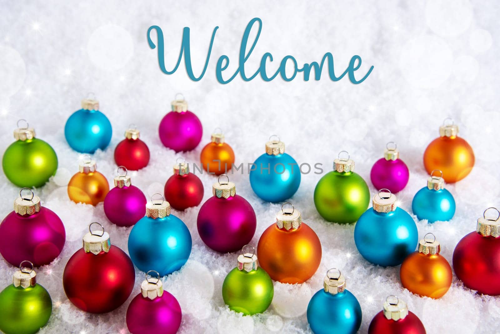 Text Welcome, On White Snow, With Many Colorful Christmas Balls, Winter Background