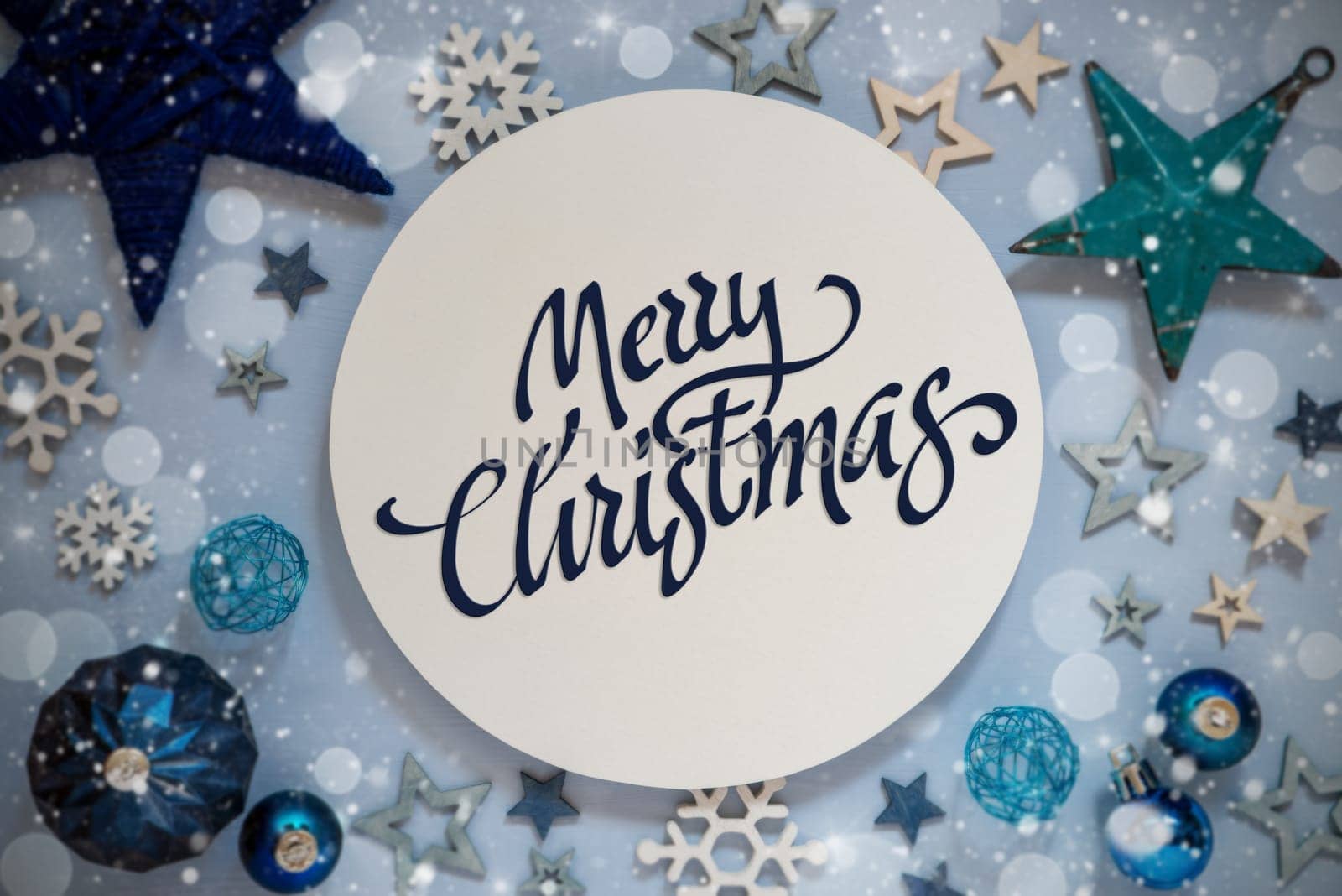 Blue Christmas Decor With Stars, Christmas Balls And Sign With Words Merry Christmas