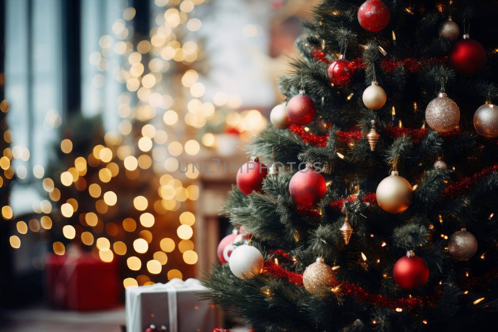 Holiday season with beautiful indoor Christmas decoration background.