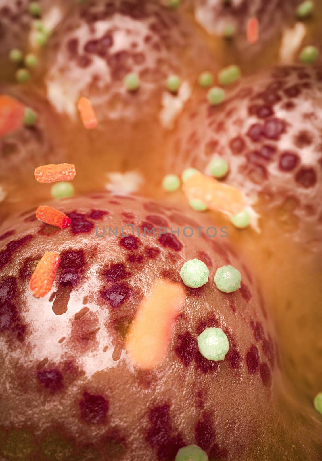 This 3D visualization illustrates the imbalance in gut flora caused by a lack of dietary fiber, highlighting the spread of Akkermansia muciniphila