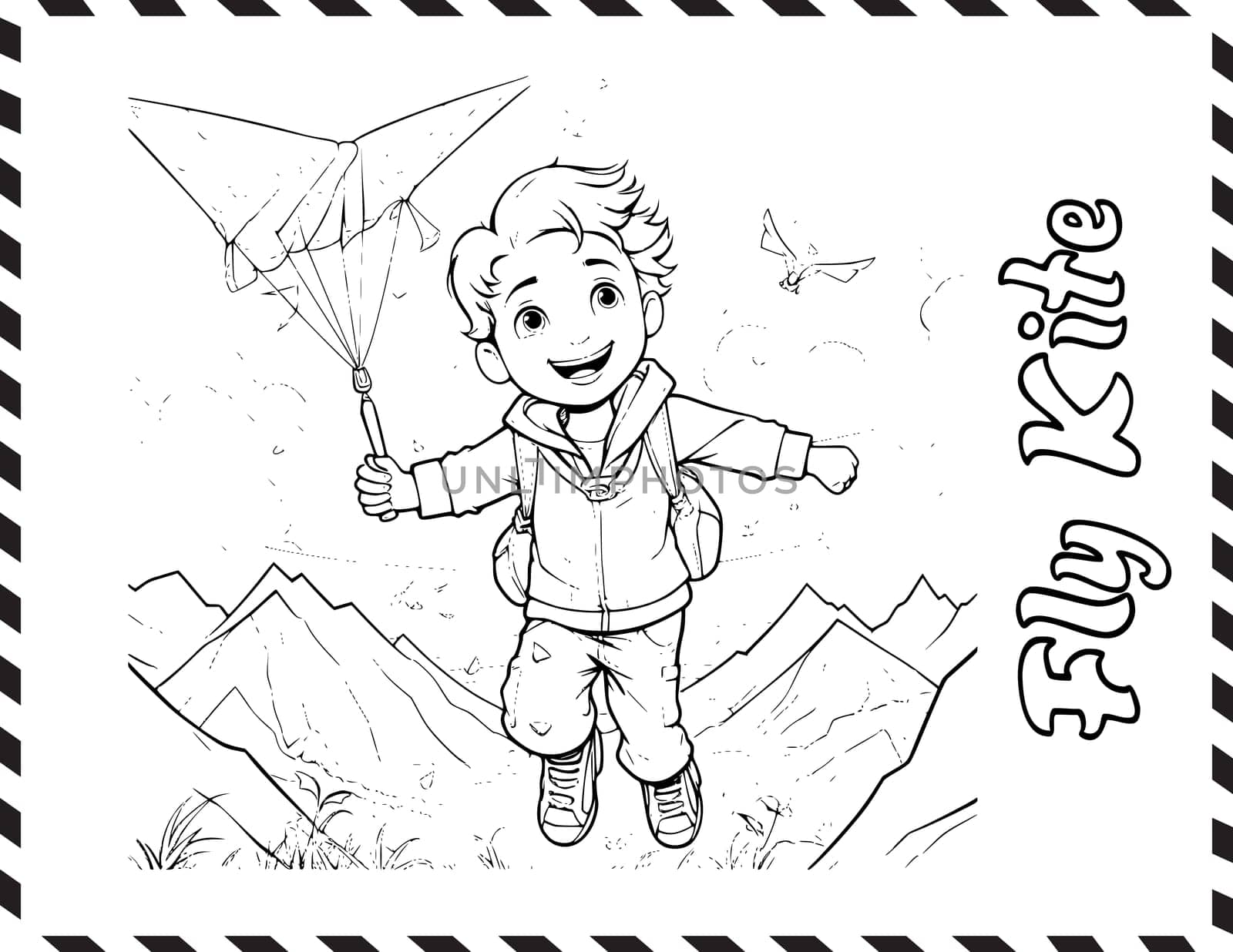 Chearful Fly Kite Coloring Page For Kids