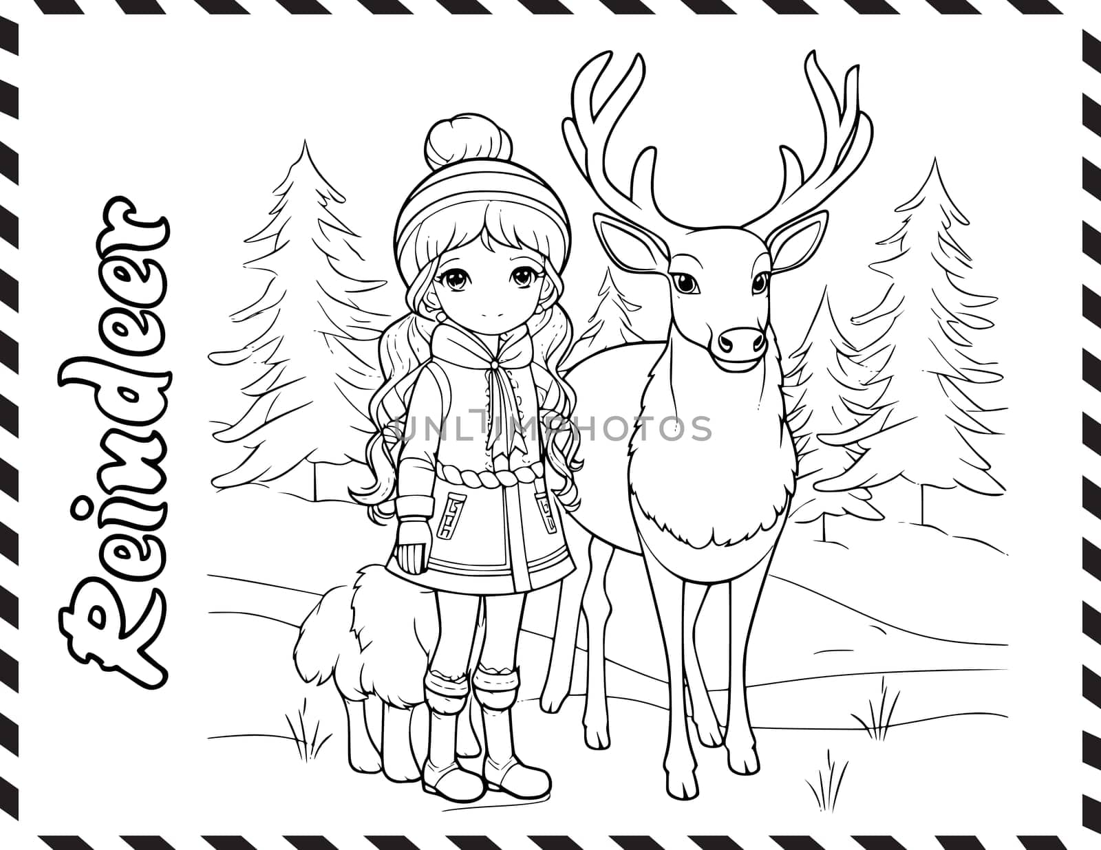 Christmas Girl And Reindeer Coloring Pages Drawing For Kids