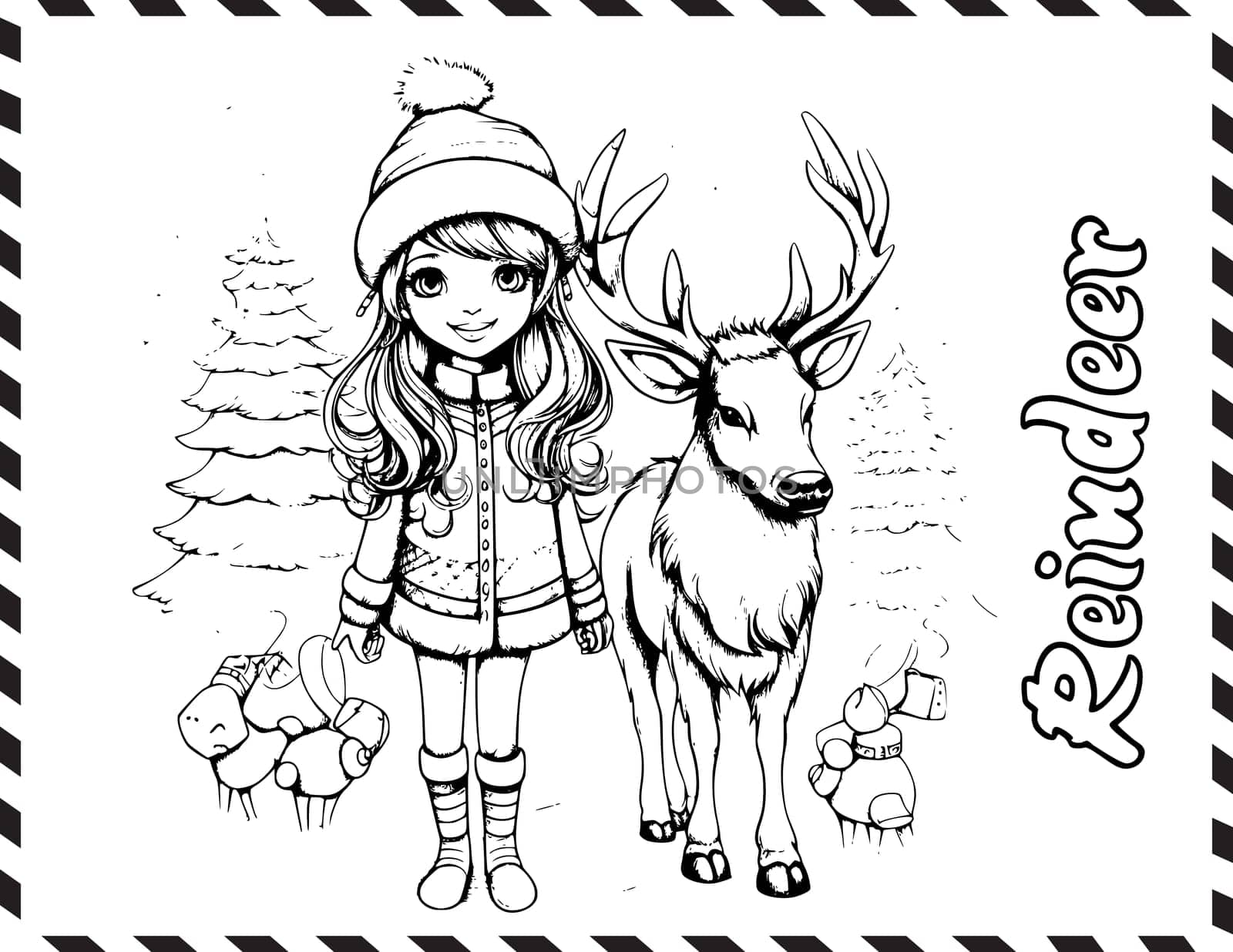 Christmas Girl And Reindeer Coloring Pages Drawing For Kids