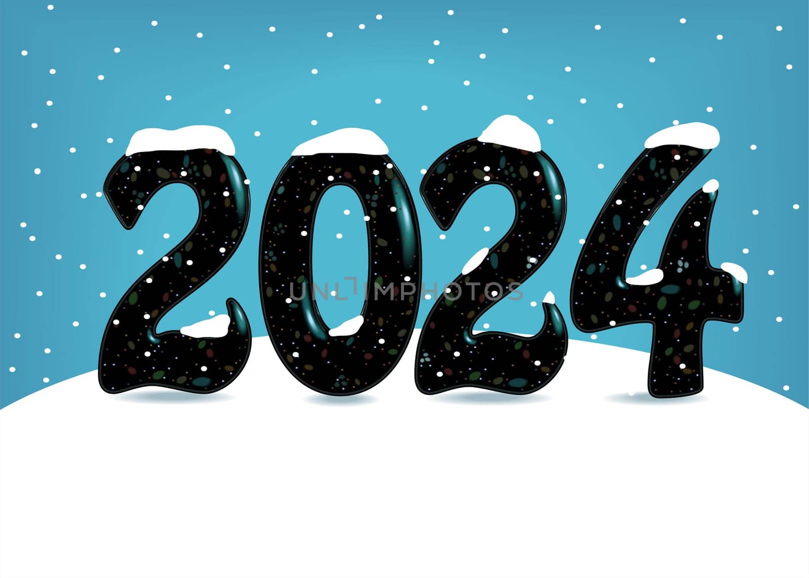 Snowy New Year's Vigil. The big black numbers 2024 stand tall on a pristine white snowdrift, emanating festive sparks. They contrast beautifully against the deep blue background, reminiscent of a sky during snowfall.