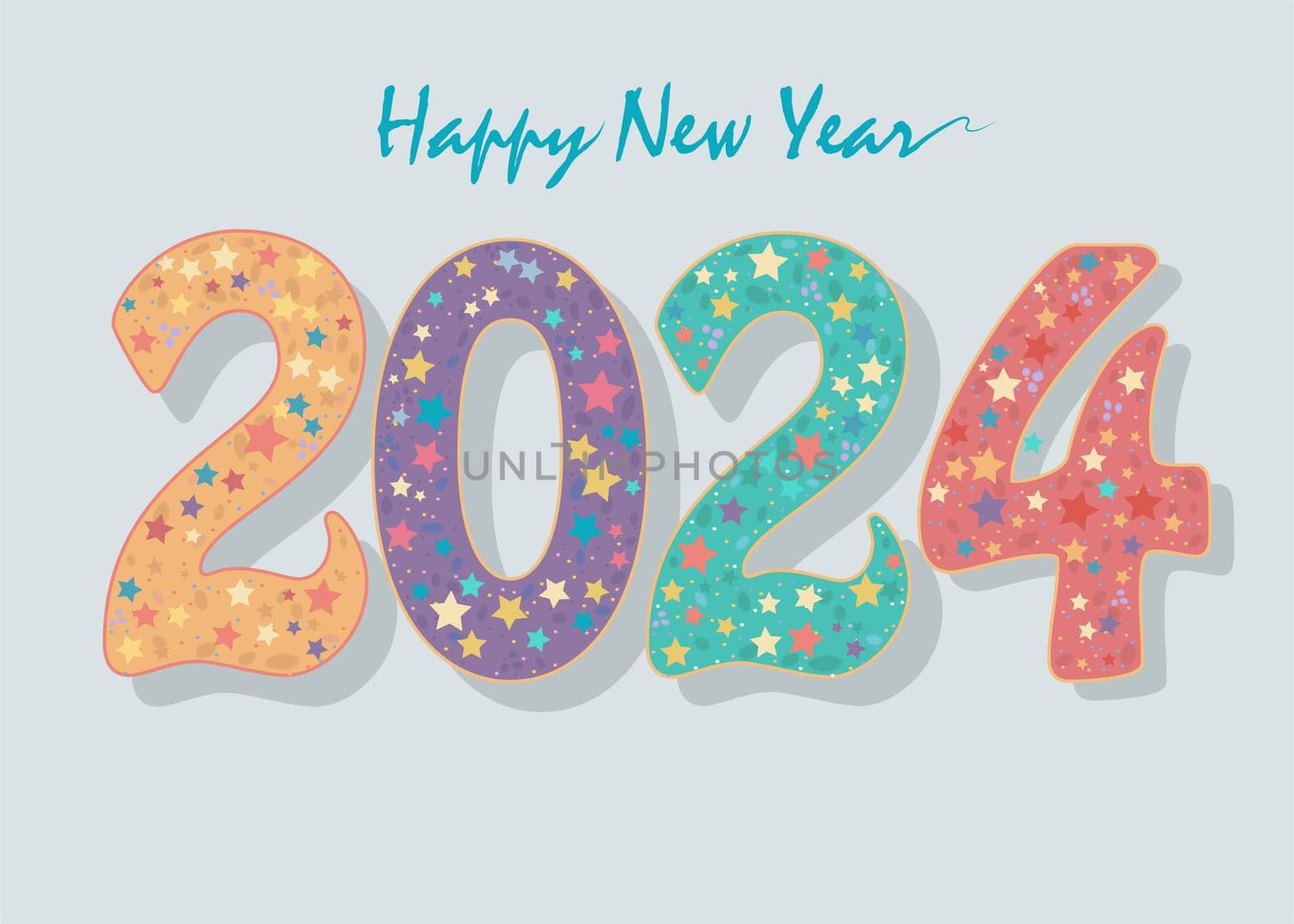 Vibrant New Year 2024: A lively illustration featuring colorful numbers adorned with equally vibrant stars
