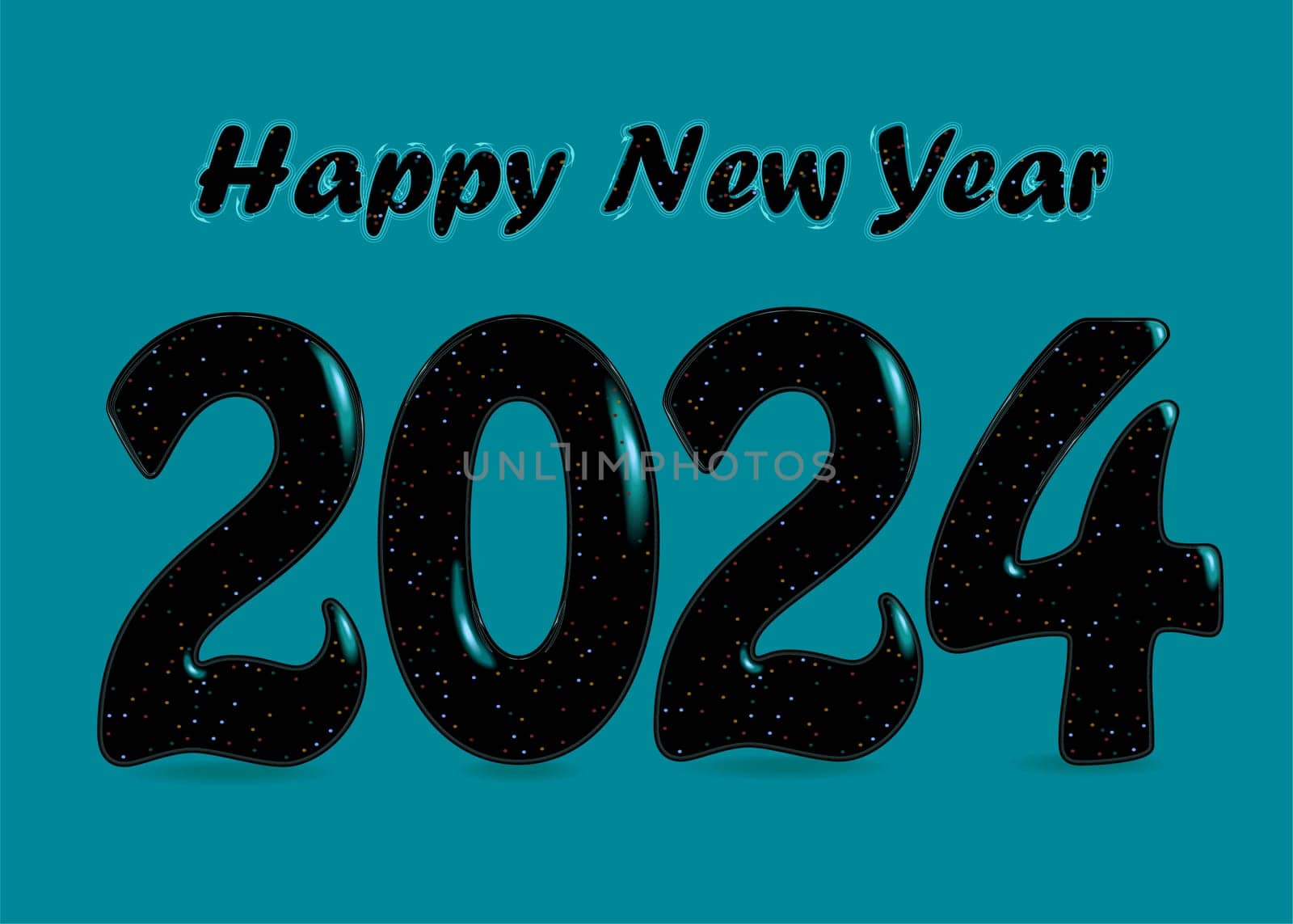 Gothic Elegance: Happy New Year 2024. Bold black numbers and letters adorned with enchanting blurs and sparks. Set against a green background