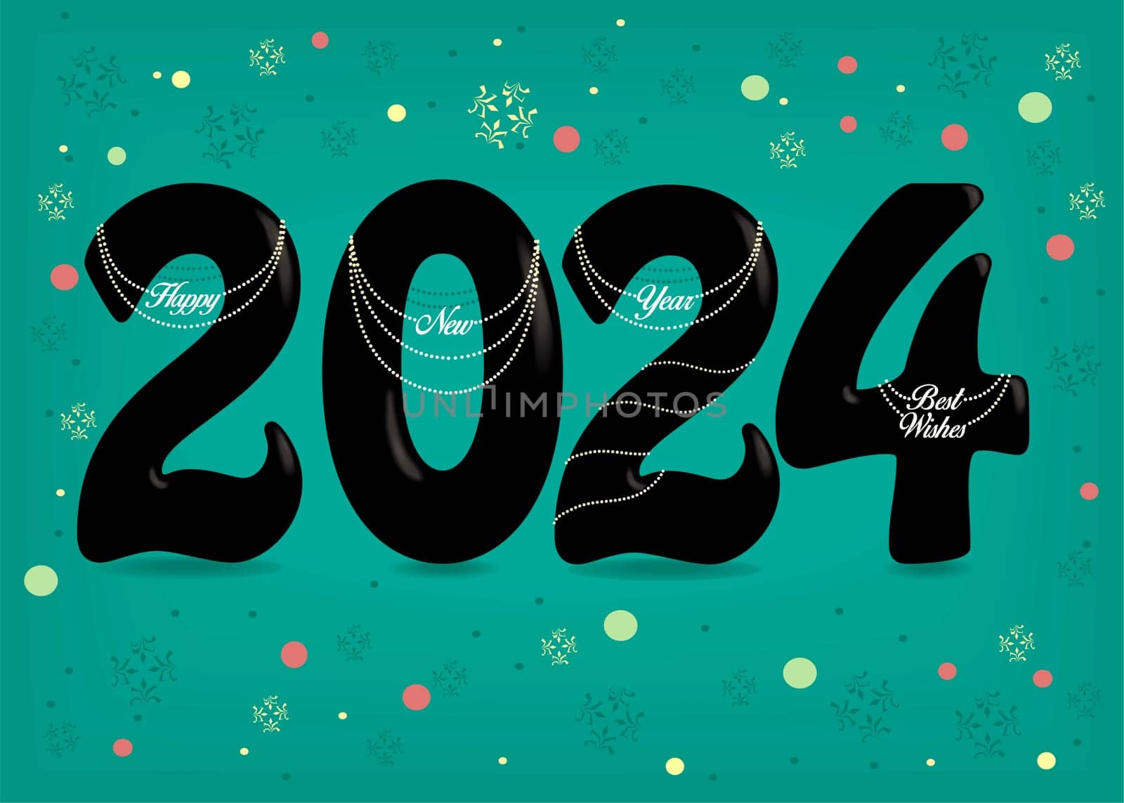 Chic New Year Elegance: a sleek black number 2024 adorned with white pearl collars and pendant-like texts conveying 'Happy New Year' and 'Best Wishes.' Against a vibrant green backdrop, it's a celebration marked by a shower of colorful confetti