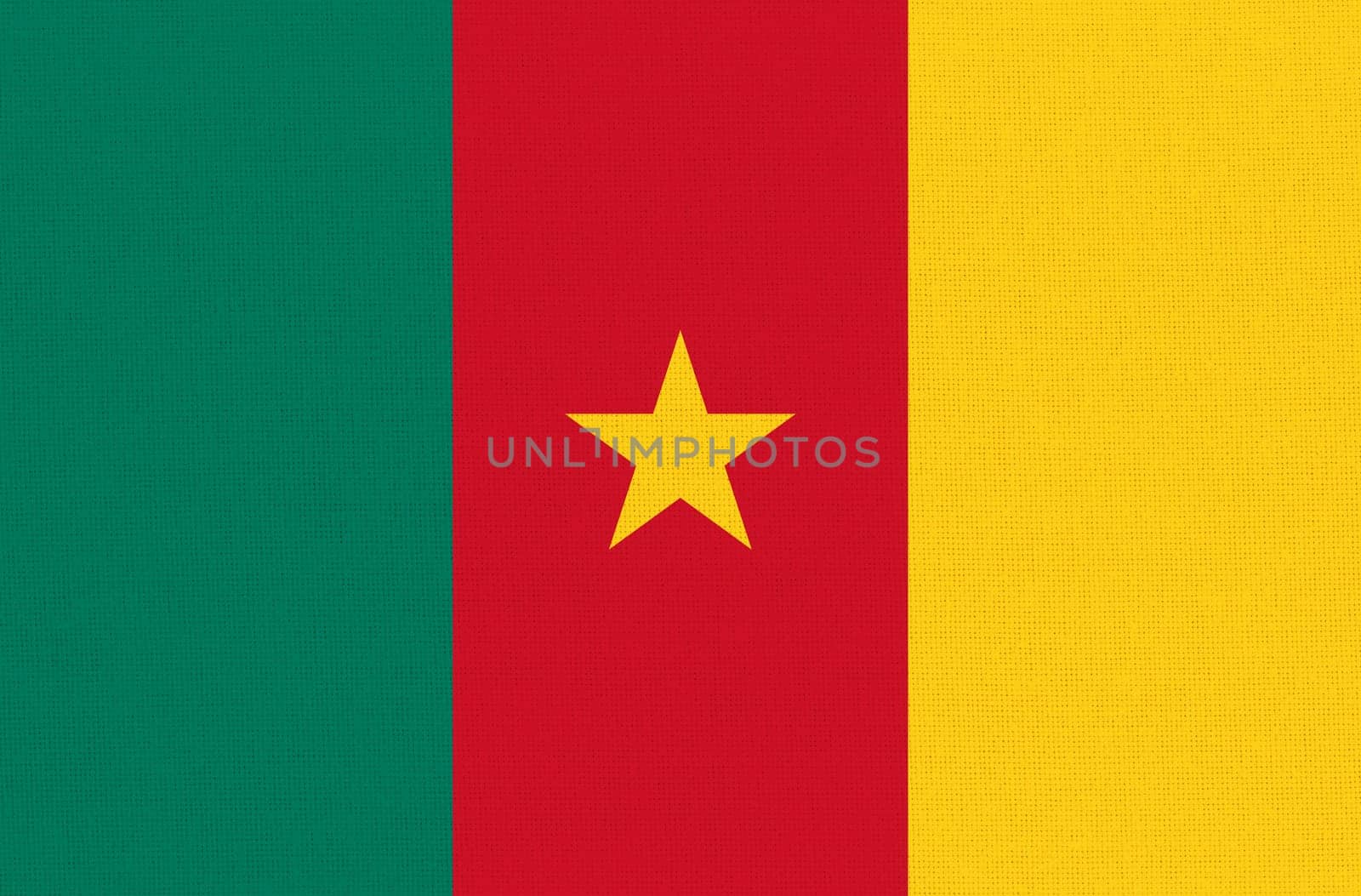 Flag of Cameroon. Cameroonian flag on fabric surface. Cameroonian national flag on textured background. Fabric Texture. Republic of Cameroon. African country