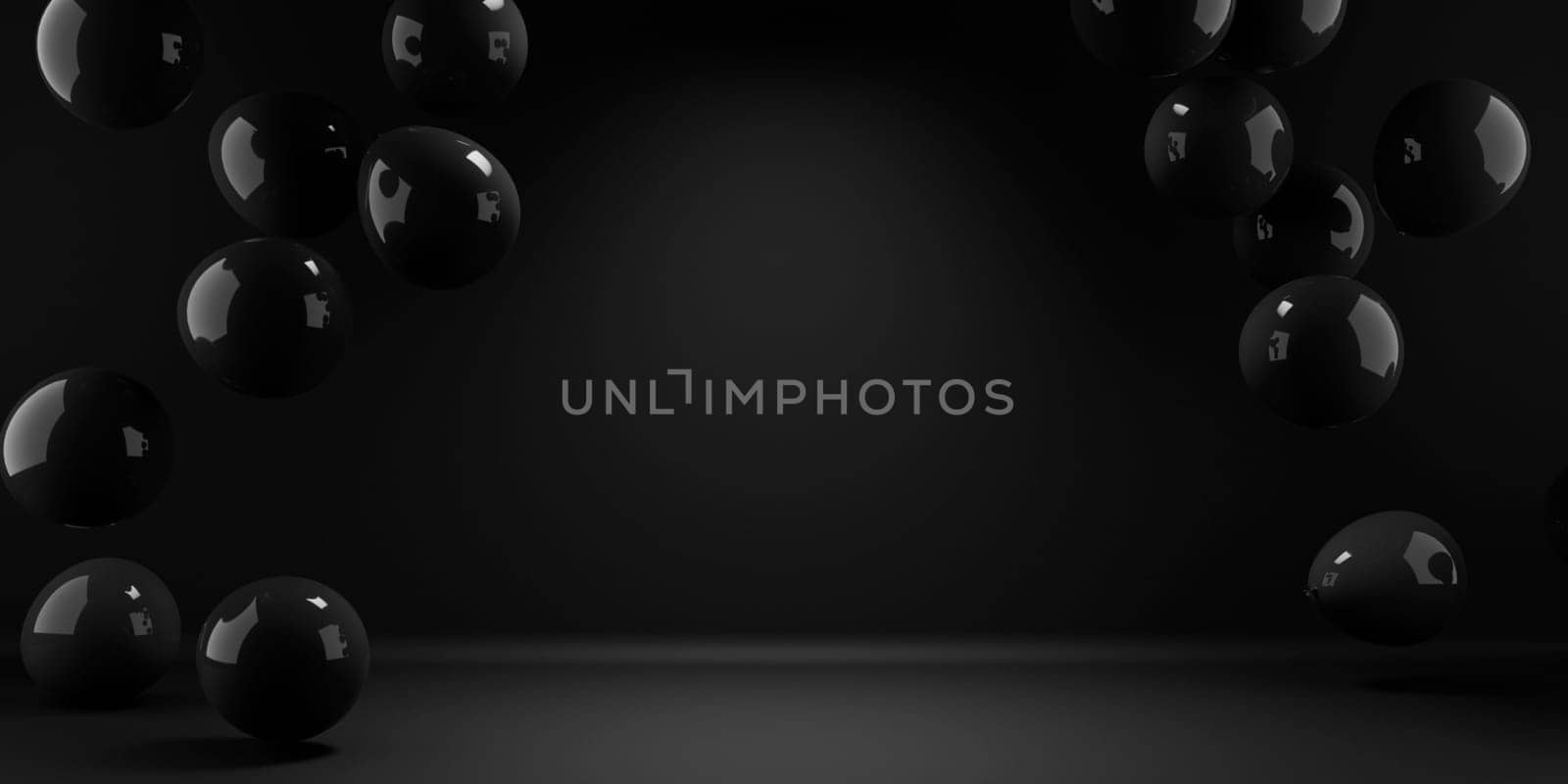 Black friday background with black balloons flying in empty space. Holiday shopping sale design mockup.