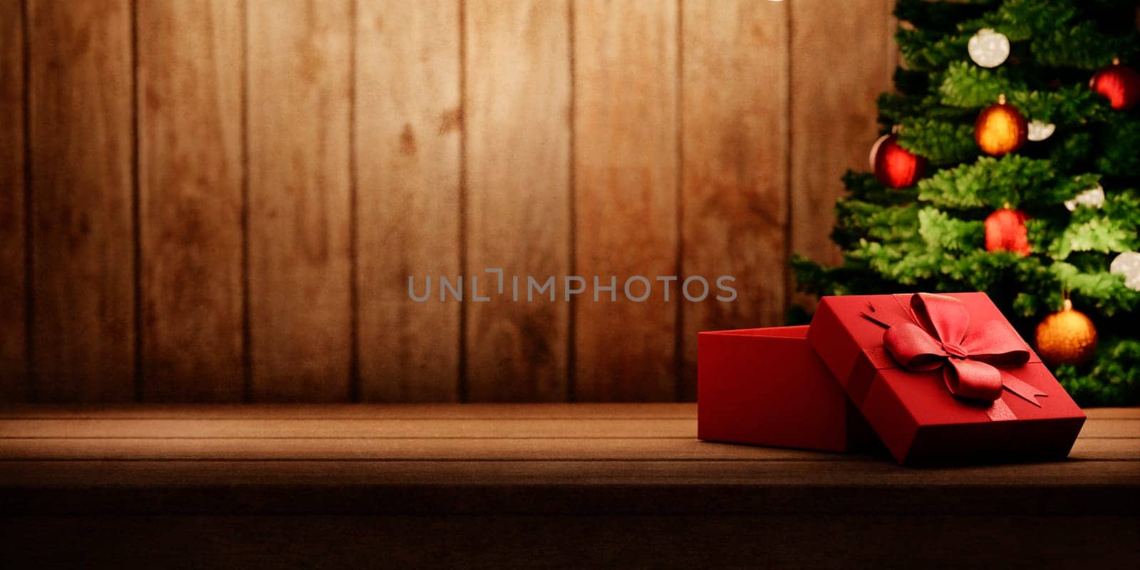Red christmas present on vintage wooden table and christmas tree with lights. Cozy magic xmas and new year holiday scene. Open gift box on rustic wooden background with copyspace.