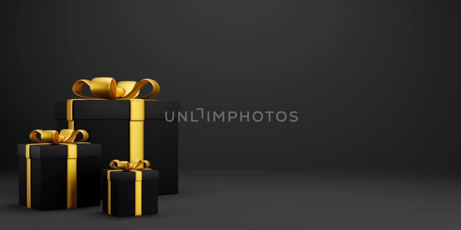 Black Friday background scene with present box wrapped with golden ribbon. Gift box for christmas, new year and holiday sale design. 3d render