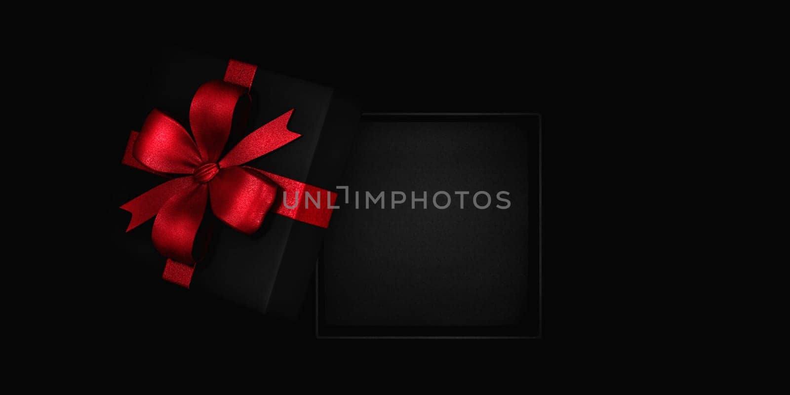 Open empty inside gift box with red ribbon from above. Black friday present background. Christmas and new year holiday surprise promo dispaly template.
