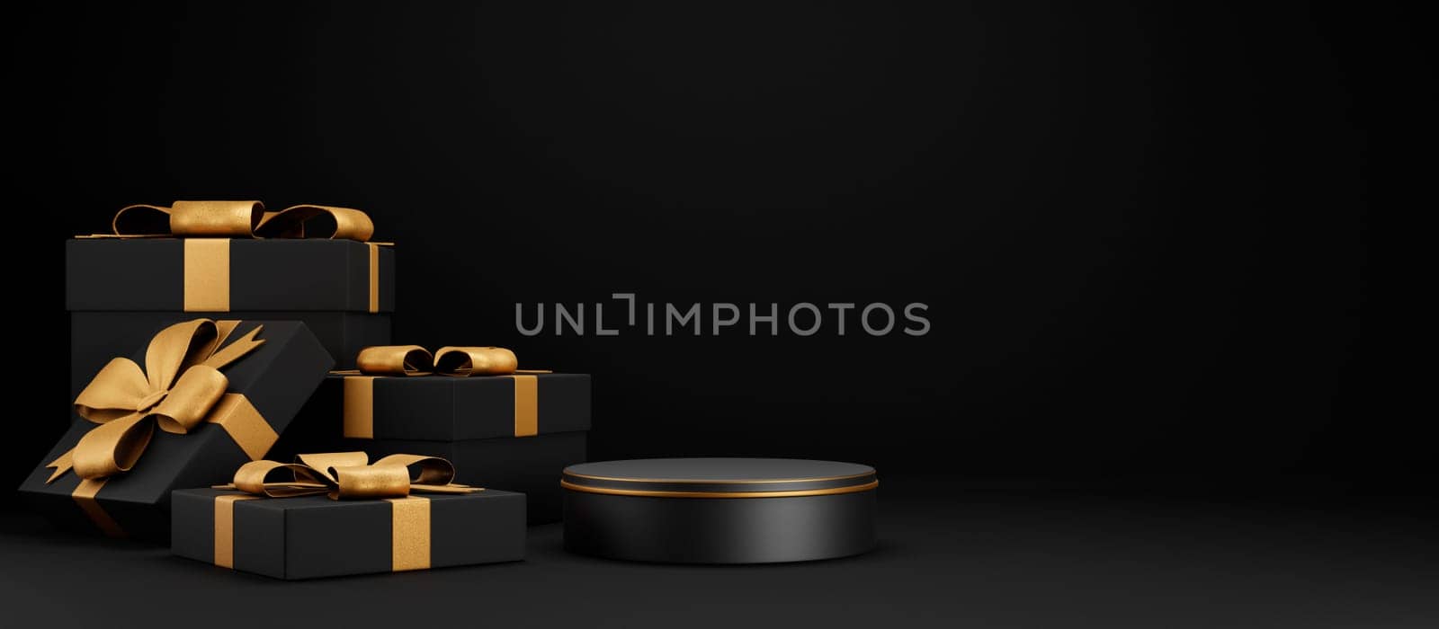 Black Friday background with gift box and podium. Christmas and holiday sale design mockup. Xmas present with golden ribbon and product placement pedestal.