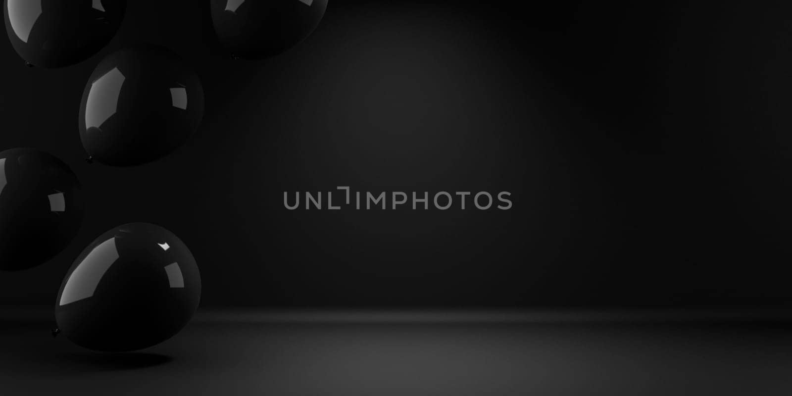 Black friday background with black balloons flying in empty space. Holiday shopping sale design mockup.
