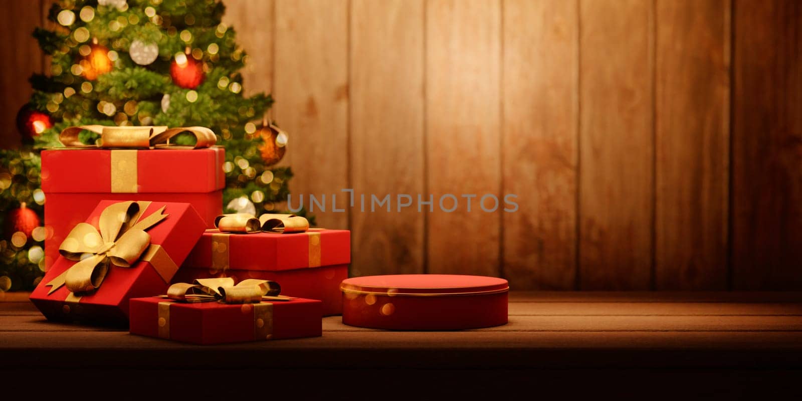 Red christmas gift with golden ribbon and empty podium on vintage wooden table. Cozy magic xmas and new year holiday scene. Present box and decorated fir tree.