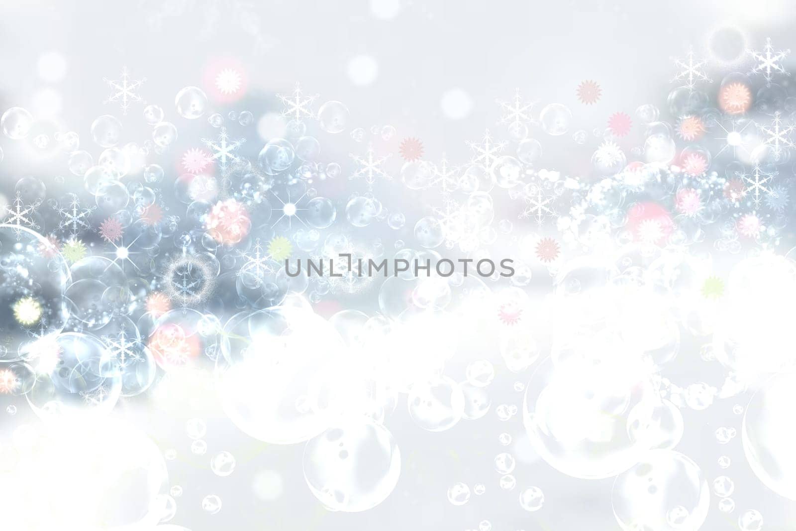 Abstract blurred festive light blue winter christmas or Happy New Year background with shiny blue and white bokeh lighted snowflakes and stars. Space for your design. Card concept.