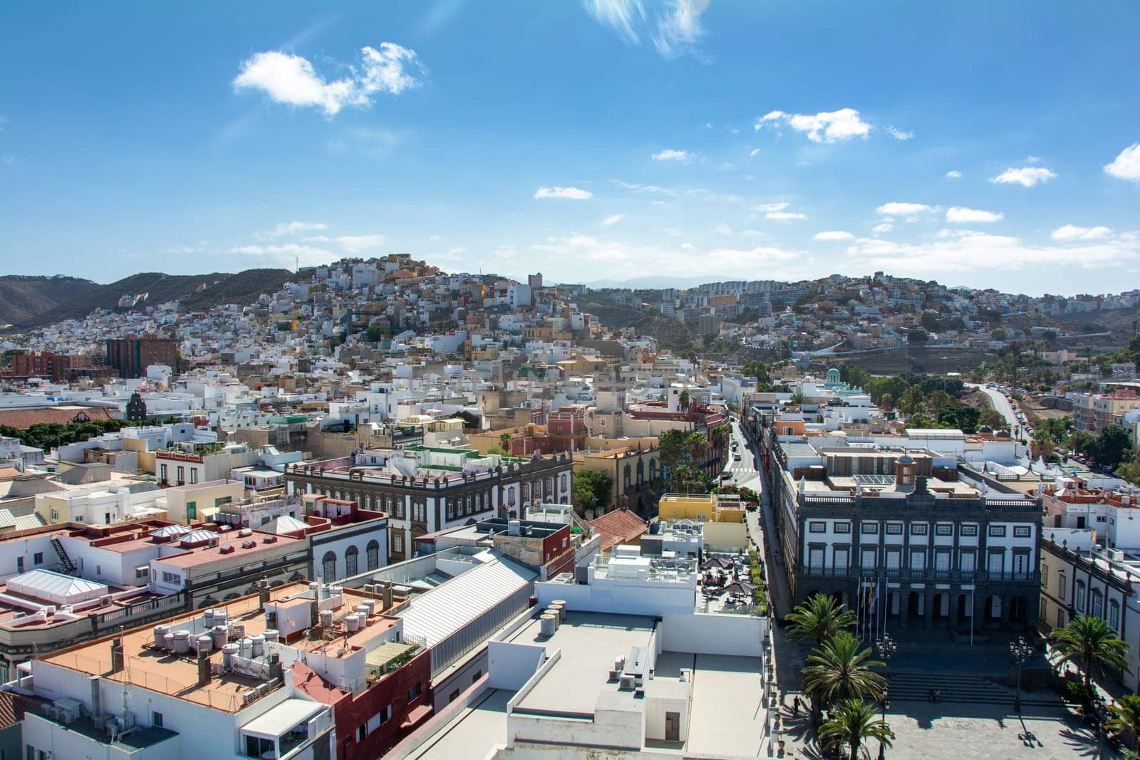 Panoramic top view of the capital Las Palmas Gran Canaria in Spain with blue sky