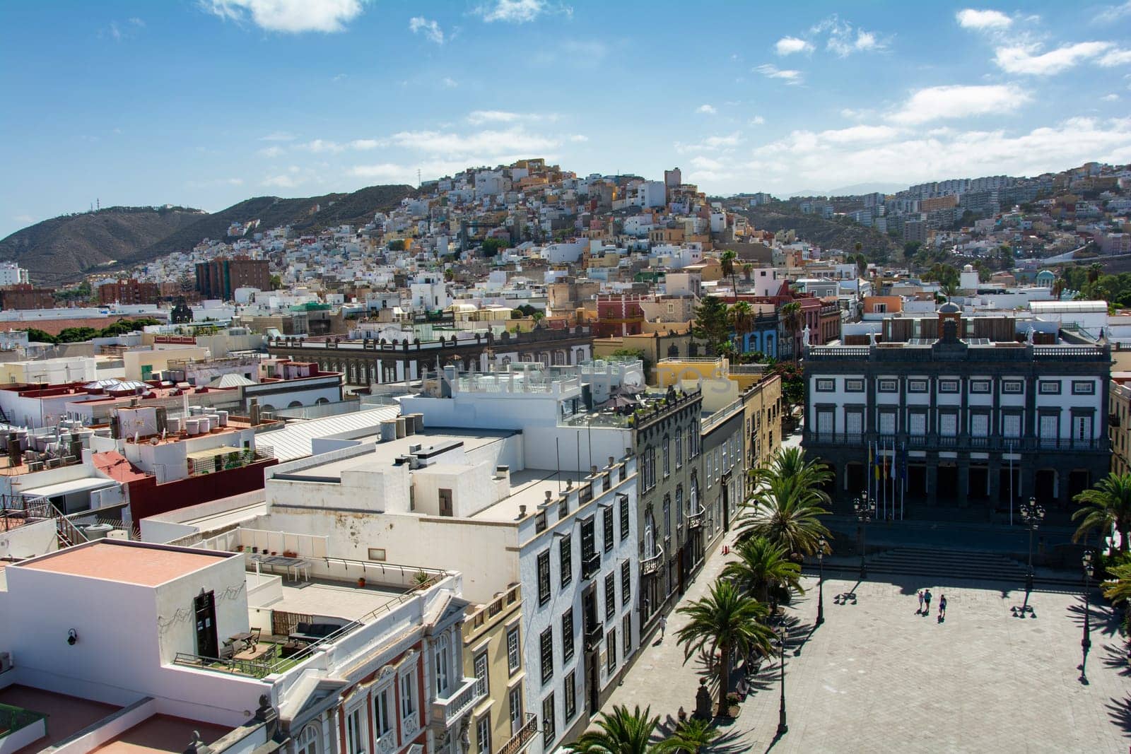 Panoramic top view of the capital Las Palmas Gran Canaria in Spain with blue sky