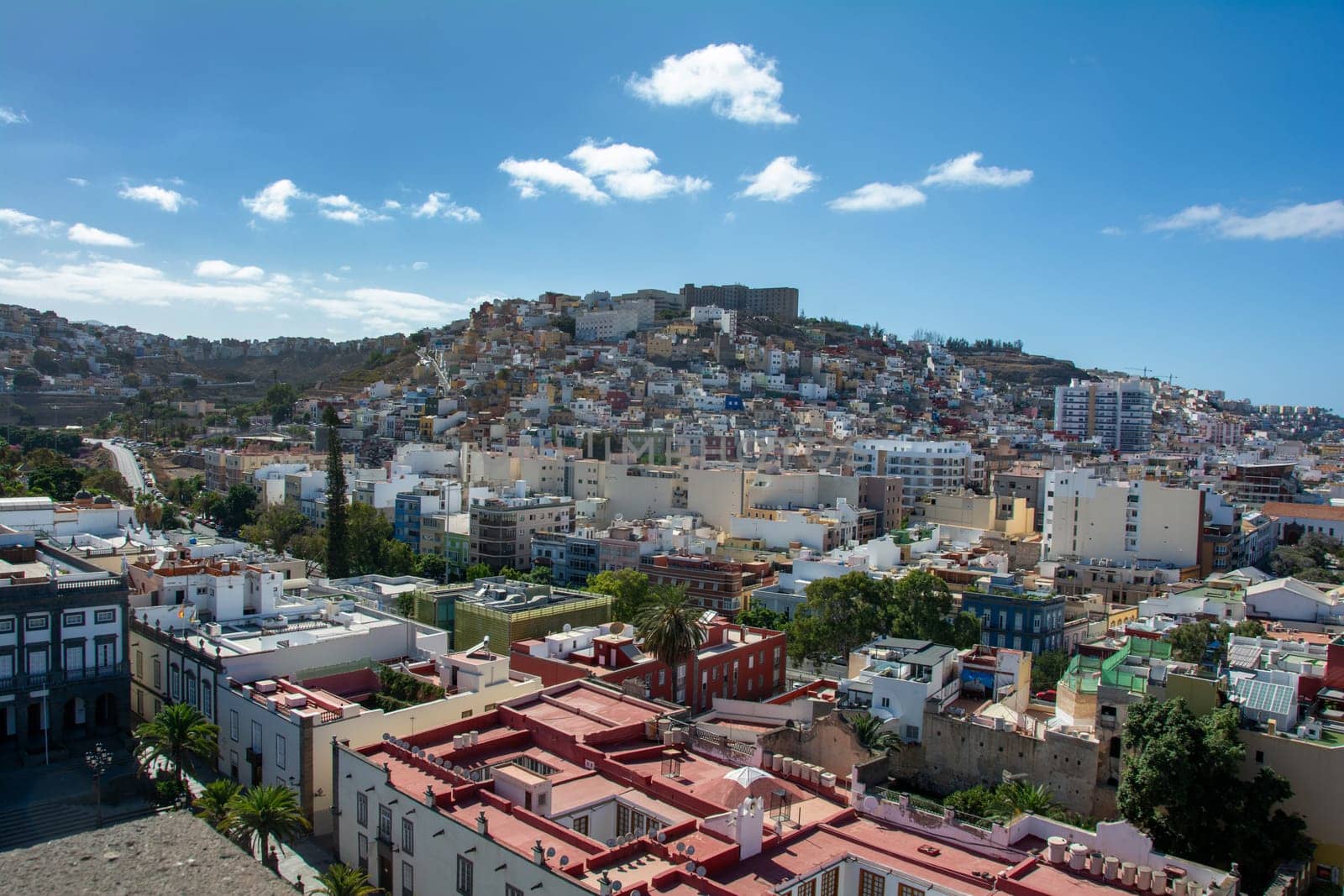 Panoramic top view of the capital Las Palmas Gran Canaria in Spain with blue sky