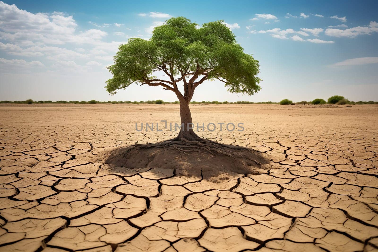 A lonely tree stands in the desert generated by artificial intelligence